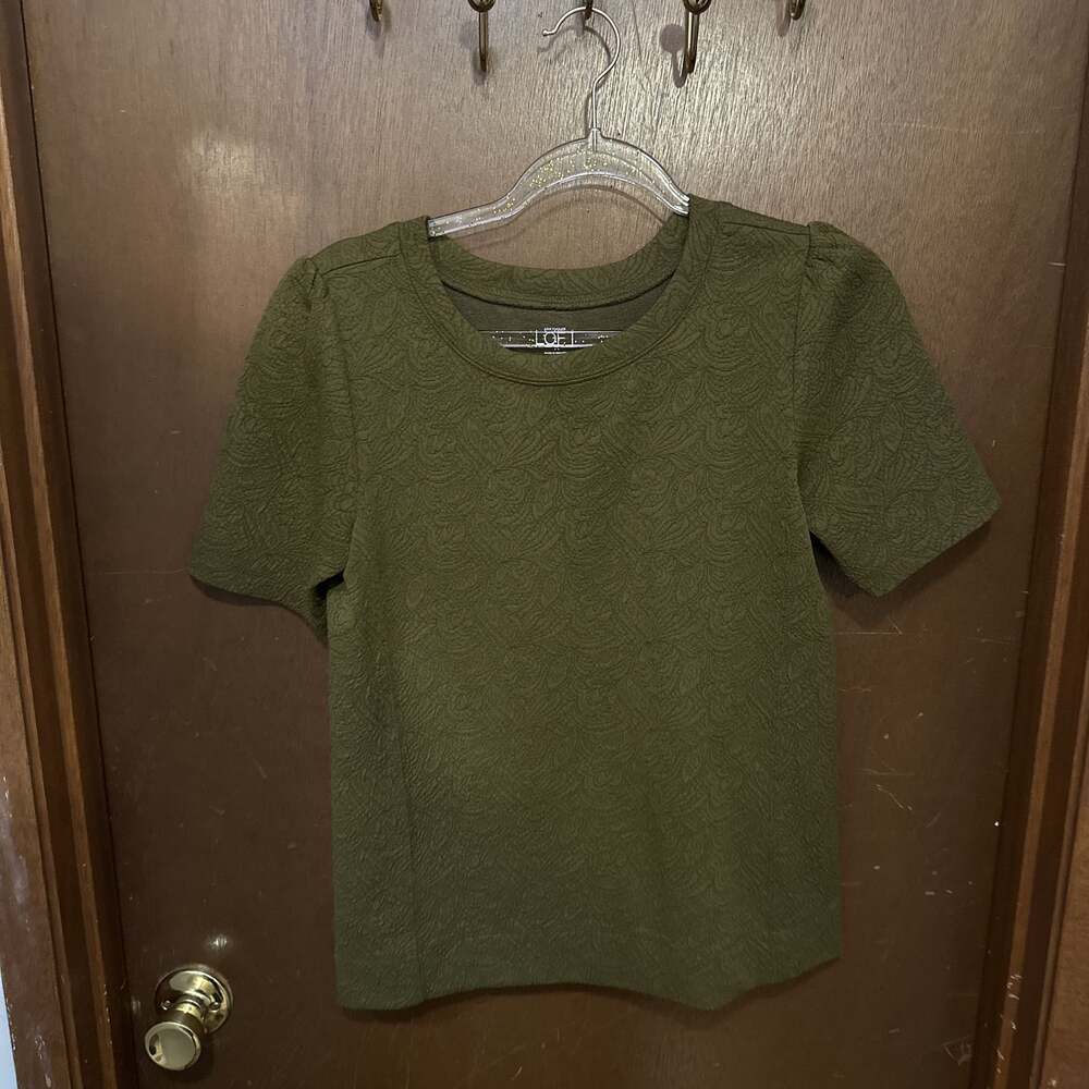 LOFT Olive Green Textured Puff Sleeve Top